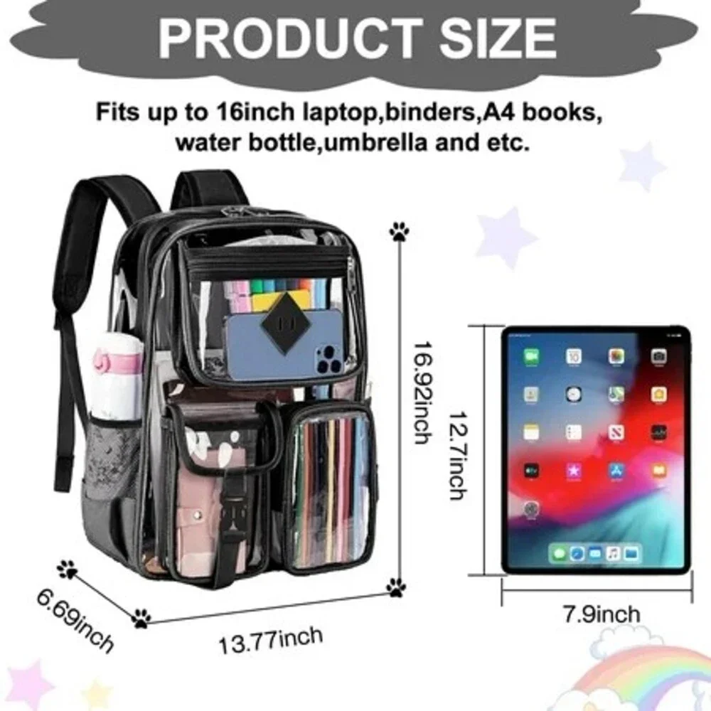 Clear Backpack Black Trim 16 Inch Anti-Theft Buckle Zipper Bag